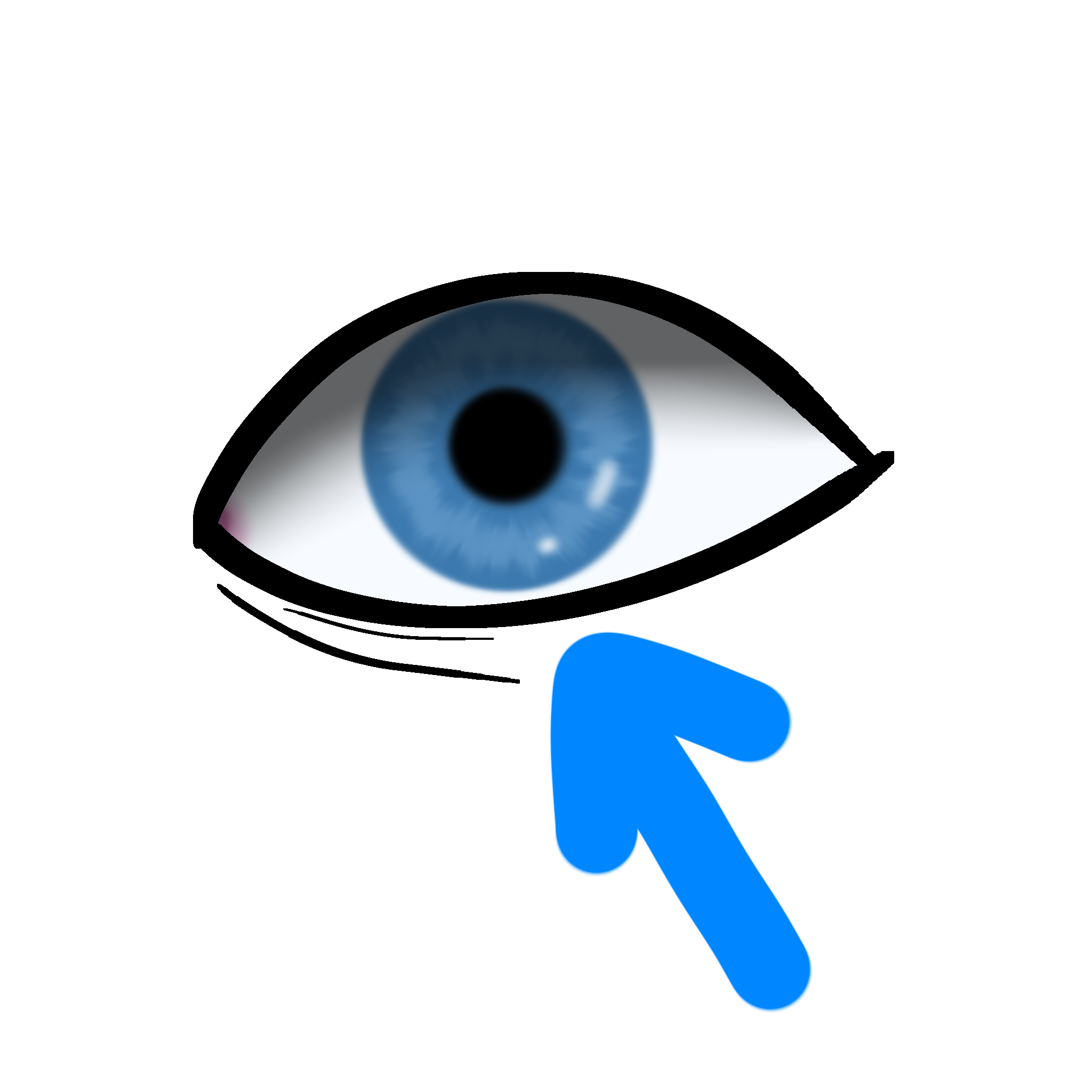 a stylized drawing of a blue eye with a blue arrow pointing it